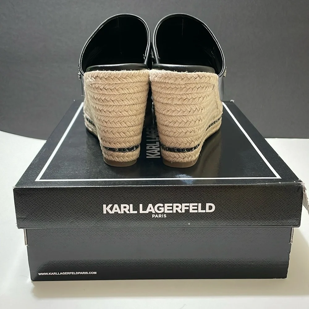 NIB KARL LAGERFELD Paris Black Leather Wedge Size 9.5 M